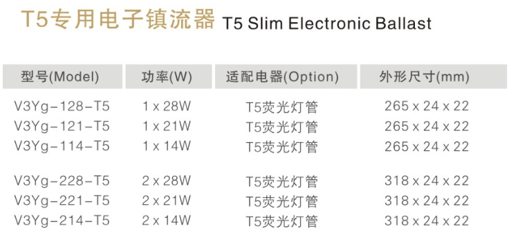 T5电子镇流器参数